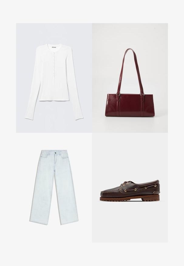 Chemise Henley blanche à manches longues avec col rond et une rangée verticale de petits boutons au centre devant.; Jean bleu clair à jambes larges avec fermeture à boutons et fermeture éclair sur le devant, passants pour ceinture et style cinq poches, posé à plat sur un fond blanc.; Bateau en cuir marron avec des œillets dorés, des lacets ronds et une semelle en caoutchouc marron texturée. Présente des détails de couture et un logo en relief.; Sac à main bordeaux en matériau brillant, de forme rectangulaire, avec deux anses et des accents légèrement courbés à l'avant.