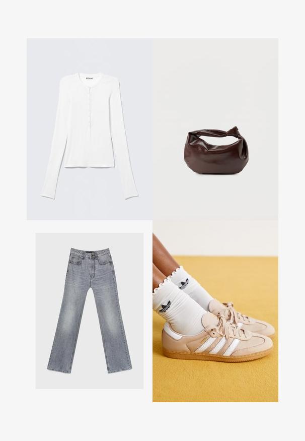 Weißes Langarm-Henley-Shirt mit rundem Ausschnitt und einer vertikalen Reihe kleiner Knöpfe in der vorderen Mitte.; Hellgraue, ausgewaschene Jeans mit geradem Bein, vorne und hinten Taschen, Knopfverschluss und Gürtelschlaufen, flach auf weißem Hintergrund ausgelegt.; Beige Leder-Sneaker mit weißen Streifen und goldener Markenkennzeichnung, kombiniert mit weißen Rüschensocken mit schwarzem Logo. Strukturierte Gummisohle.; Dunkelbraune Lederschultertasche mit weicher, lockerer Form und einem gedrehten Knotengriff vor schlichtem weißem Hintergrund.