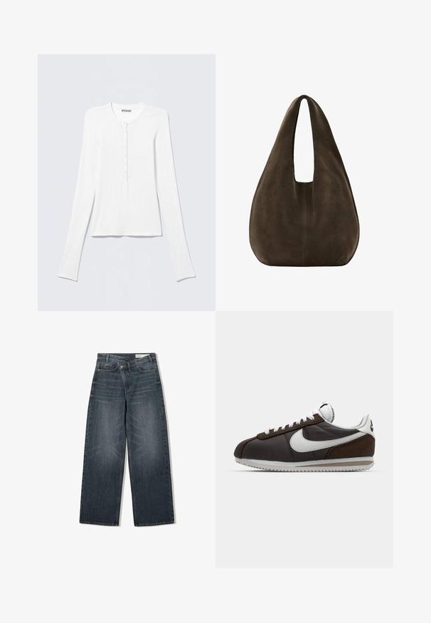 Hvid Henley trøje med lange ærmer, rund halsudskæring og en vertikal række små knapper ned foran i midten.; Mørk vaskede denim jeans med en bred benudskæring, der har høj talje, fem lommer og diskrete slidser på forsiden.; Brune og grå Nike sneakers med hvide accenter; læder- og ruskindsmaterialer; teksturerede såler; grå snørebånd; klassisk retrodesign.; Blød, mørkebrun ruskind hobo-taske med en bred enkelt strop og rundet bund på hvid baggrund.