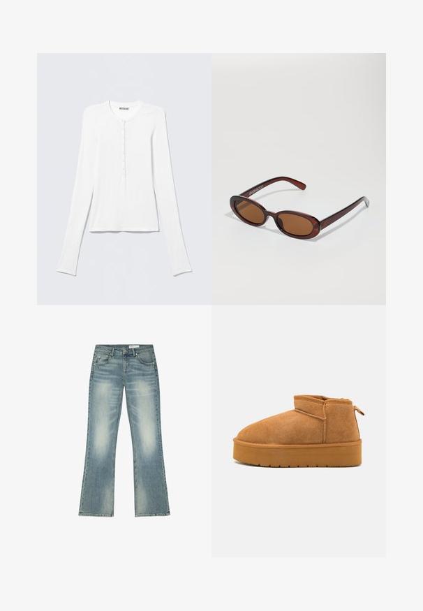Weißes Langarm-Henley-Shirt mit rundem Ausschnitt und einer vertikalen Reihe kleiner Knöpfe in der vorderen Mitte.; Blau ausgewaschene Jeans mit geradem Bein, vorderem Knopf und Reißverschluss, Gürtelschlaufen und fünf Taschen, flach auf weißem Hintergrund ausgelegt.; Braune Wildlederstiefeletten mit runder Spitze, niedrigem Schnitt und einer strukturierten Gummisohle, die eine leichte Plattform und eine Ziehlasche aufweist.; Runde, braun getönte Sonnenbrillen mit einem glänzenden burgunderfarbenen Rahmen. Schlanke Bügel mit dezentem Branding. Flaches Linsendesign.