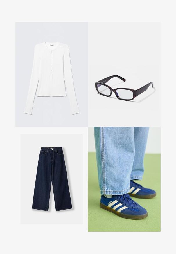 Hvid Henley trøje med lange ærmer, rund halsudskæring og en vertikal række små knapper ned foran i midten.; Mørkeblå vidde denimjeans med knap- og lynlås foran, forlommer og bæltestropper, lagt fladt på en hvid baggrund.; Blå ruskindsneakers med hvide striber og teksturerede mønstre, båret med lyseblå denimbukser, sat mod en grøn baggrund.; Brune skildpadde-rektangulære briller med klare linser og slanke arme, der viser en glat tekstur og minimalistisk design.