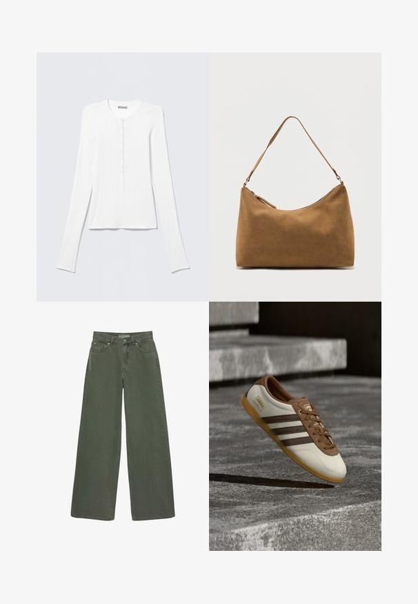Chemise Henley blanche à manches longues avec col rond et une rangée verticale de petits boutons au centre devant.; Jean en denim kaki vert olive à taille haute et jambes larges, avec bouton frontal, fermeture éclair, passants pour ceinture et design à cinq poches, étalé à plat.; Baskets Adidas Gazelle blanches et marron avec semelle gomme flottant au-dessus de marches en pierre et du sol dans un environnement extérieur.; Sac à bandoulière en daim marron avec une seule sangle et une fermeture éclair supérieure, présenté sur un fond blanc uni.