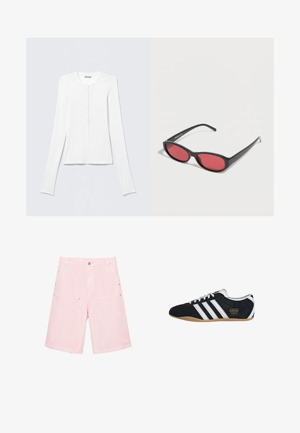 Chemise Henley blanche à manches longues avec col rond et une rangée verticale de petits boutons au centre devant.; Shorts en denim rose clair longueur genou avec poches avant, passants pour ceinture et fermeture à boutons.; Sneakers en suede noir avec trois bandes blanches, logo doré et semelle en caoutchouc marron. Présente un design à lacets à profil bas.; Lunettes de soleil ovales noires avec des branches fines et des verres teintés rouges posées sur une surface blanche.