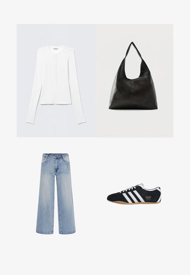 Hvid Henley trøje med lange ærmer, rund halsudskæring og en vertikal række små knapper ned foran i midten.; Lyseblå brede jeans med høj talje, fem lommer og kontrastsyninger. Fremstillet af denim med en glat tekstur.; Sort ruskinds sneaker med hvide tre striber, guldlogo og en brun gummisål. Har et lavprofil snørebåndsdesign.; Sort skuldertaske i glat læder med en bred, enkelt strop og et afslappet, minimalistisk design mod en ensfarvet baggrund.