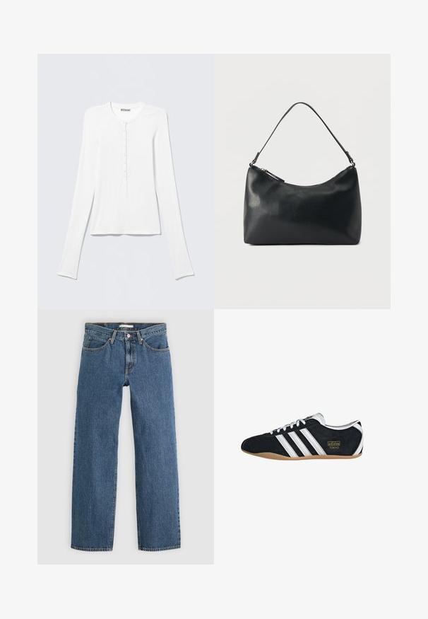 Chemise Henley blanche à manches longues avec col rond et une rangée verticale de petits boutons au centre devant.; Jean en denim bleu avec une coupe droite, comportant cinq poches, une fermeture à bouton et des coutures contrastées le long des coutures.; Sneakers en suede noir avec trois bandes blanches, logo doré et semelle en caoutchouc marron. Présente un design à lacets à profil bas.; Sac bandoulière en cuir noir texturé avec fermeture éclair incurvée en haut et une seule sangle ajustable sur fond uni.