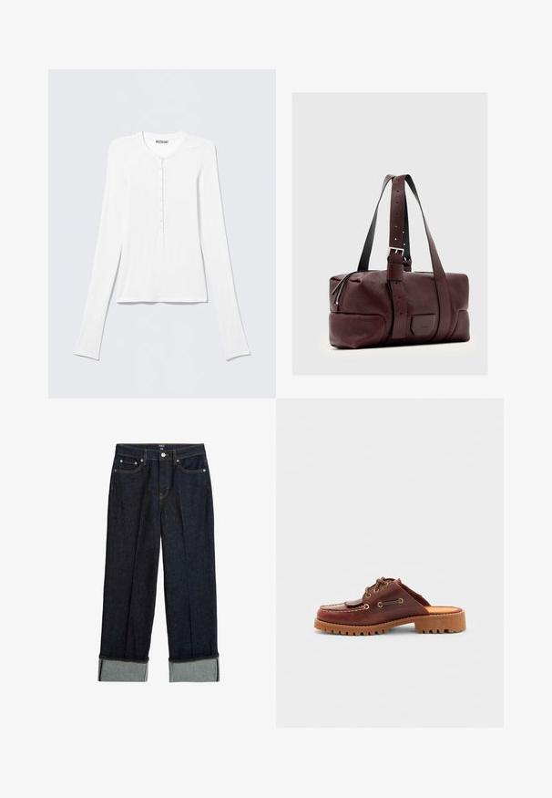 Hvid Henley trøje med lange ærmer, rund halsudskæring og en vertikal række små knapper ned foran i midten.; Mørkeblå bredbenede jeans med opsmøg, der har orange syninger og klassisk fem-lommers design. Lavet af denimstof.; Brun læderslipsko i mokkasin-stil med dekorative snørebånd, guldøjer og en tekstureret gummisål.; Vinrød lædertaske med en struktureret finish, der har en sort justerbar rem, sølv lynlås og en rektangulær detalje.