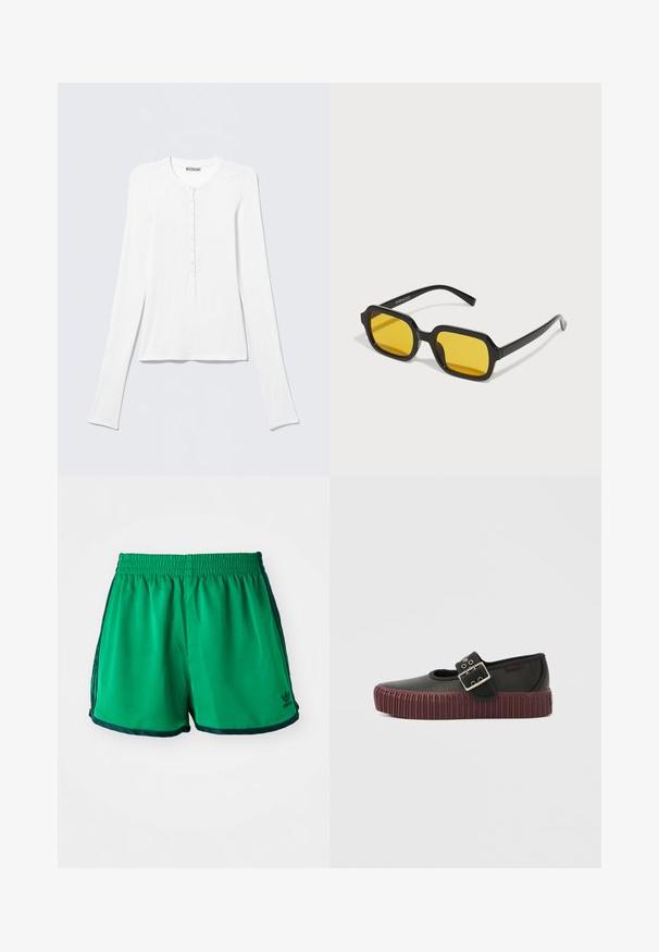 Hvid Henley trøje med lange ærmer, rund halsudskæring og en vertikal række små knapper ned foran i midten.; Grønne atletiske shorts med en glat tekstur, elastisk talje og mørkegrønne sideaccenter. Har Adidas-logoet på den nederste kant.; Sort slip-on sko med afrundet design, der har en markant spænde og en ribbet bordeaux ydersål. Glat lædertekstur.; Sorte rektangulære solbriller med gule linser. Funktioner inkluderer tykke stel og kantet design med en glat, blank finish.