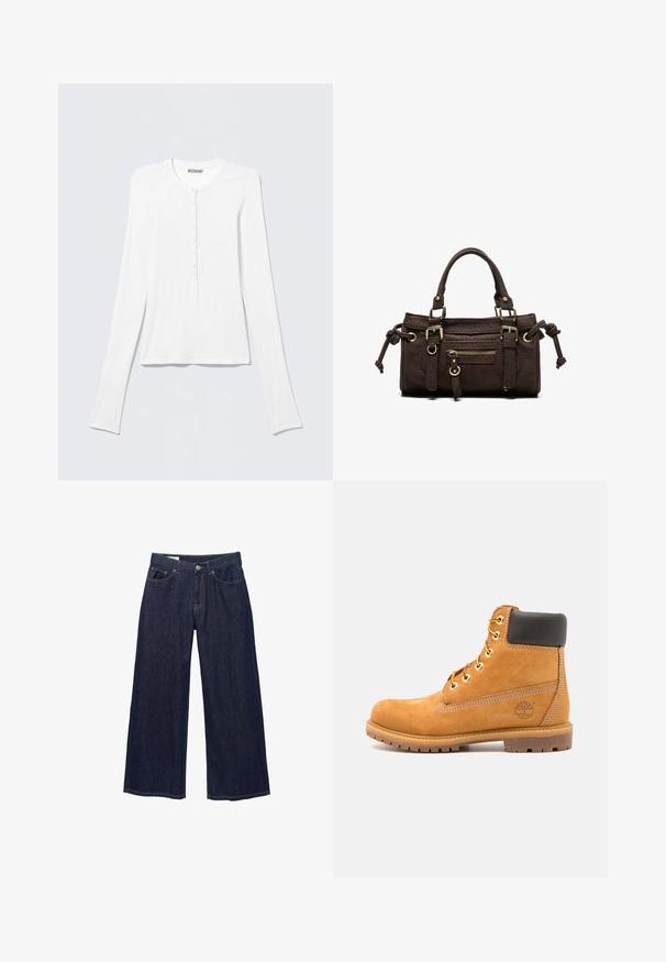 Wit Henley-shirt met lange mouwen, een ronde hals en een verticale rij kleine knopen middenvoor.; Donkerblauwe denim jeans met wijde pijpen, voorzakken, riemlussen en een knoopsluiting.; Bruine leren enkelboot met zwarte voering, gouden oogjes en een gestructureerde zool. Kenmerkt zich door een cirkelvormig logo aan de zijkant en stikselaccenten.; Donkerbruine leren handtas met dubbele handvatten, voorvak met ritssluiting, decoratieve gespen en zijknopen op een witte achtergrond.