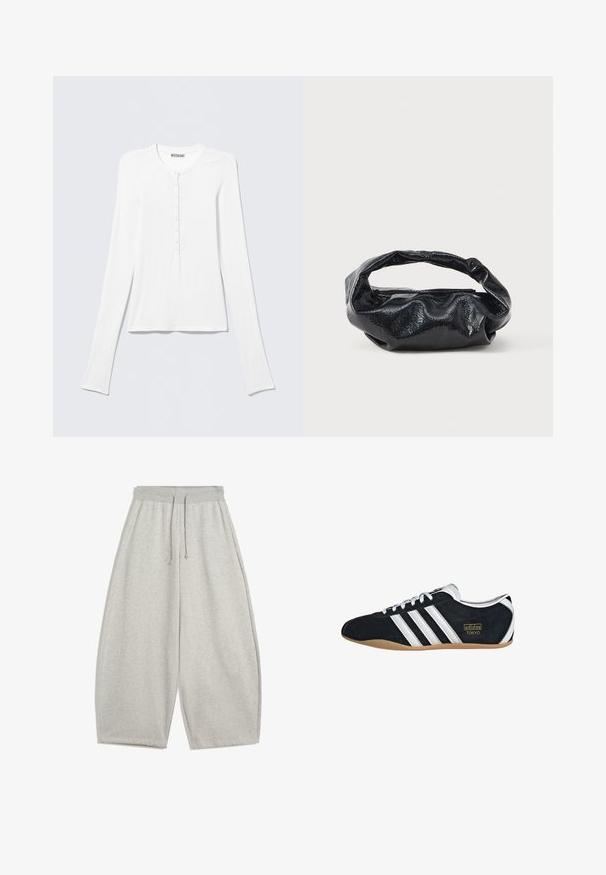 Hvid Henley trøje med lange ærmer, rund halsudskæring og en vertikal række små knapper ned foran i midten.; Lys grå brede sweatpants med elastisk talje og snørebånd, udstyret med sidelommer og afslappet pasform.; Sort ruskinds sneaker med hvide tre striber, guldlogo og en brun gummisål. Har et lavprofil snørebåndsdesign.; Sort taske lavet af blankt, tekstureret materiale med et cirkulært, snoet håndtag og lynlås. Har et blødt, rynket design.