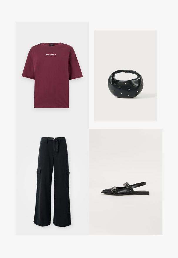 T-shirt bordeaux à manches courtes avec le texte "no idea" en rose pâle centré sur la poitrine, col rond et coupe décontractée.; Pantalons cargo larges noirs en coton avec ceinture à nouer, dotés de deux poches latérales et d'une texture de tissu lisse.; Even&Odd by Zalando Ballerines à brides arrière - black; Sac à main en cuir noir de forme arrondie, décoré de clous argentés et équipé d'une poignée courte. Texture lisse et fermeture éclair.