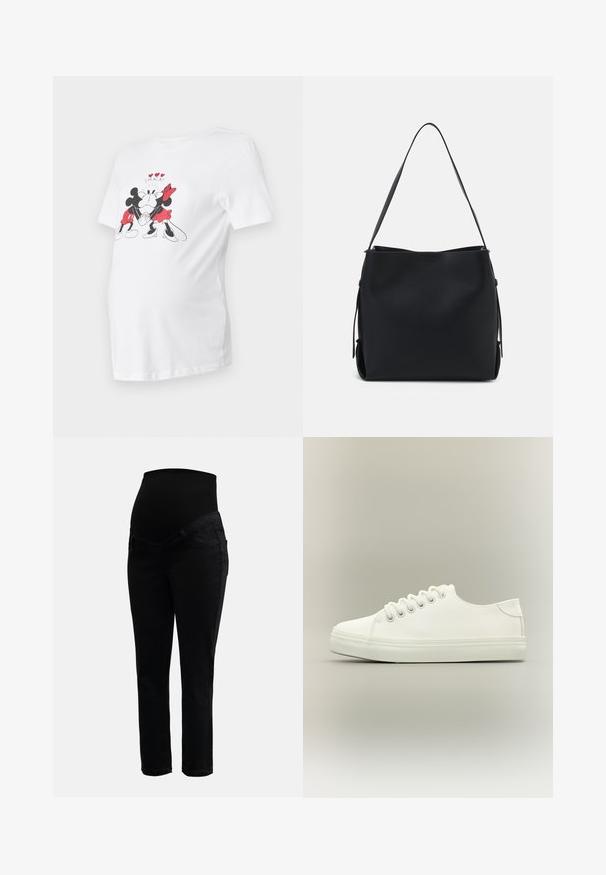T-shirt de maternité blanc avec un motif de Mickey et Minnie Mouse, accents noirs et rouges, manches courtes et coupe décontractée.; Jeans de maternité noirs avec une taille haute extensible et des jambes slim, conçus pour le confort et le soutien pendant la grossesse.; Baskets basses blanches avec lacets blancs et semelle en caoutchouc, vues de côté sur un fond neutre.; Pieces PCBONY - Sac à main - black