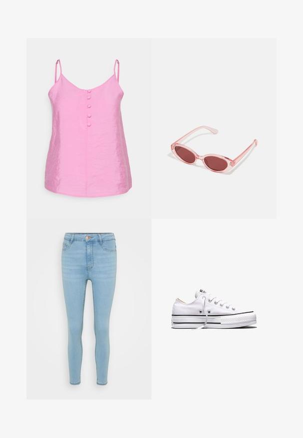 Vero Moda Petite VMQUEENY SINGLET V NECK - Top - cyclamen; Lyseblå denim skinny jeans med høj talje, der har en frontlukning med knap og lynlås, fem lommer og diskret falmen.; Hvid lavtop lærredssneakers med hvide snørebånd, sorte striber på sålen og gummieret tekstureret tåhætte, sidevendt på hvid baggrund.; Lyserøde transparente solbriller med ovale linser, mørkerød toning og slanke stænger, der har en glat overflade og diskret detaljering på rammen.