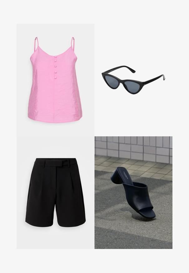Vero Moda Petite VMQUEENY SINGLET V NECK - Topp - cyclamen; Mustad mustad lühikesed püksid, valmistatud siledast kangast, kõrge vöökohaga, voltide, vöökoharihmade ja küljetaskutega, puhaskujundusega.; Mustast nahast avatud varbaga mule plokk-kontsaga, asetatud asfaldile plaatpinna lähedal.; Mustad musta kassi silmadega päikeseprillid tumedate hallide läätsedega, stiilne plastraam, teravad nurgad ja sirged kaared. Nähtavad metallist osad või aksessuaarid puuduvad.