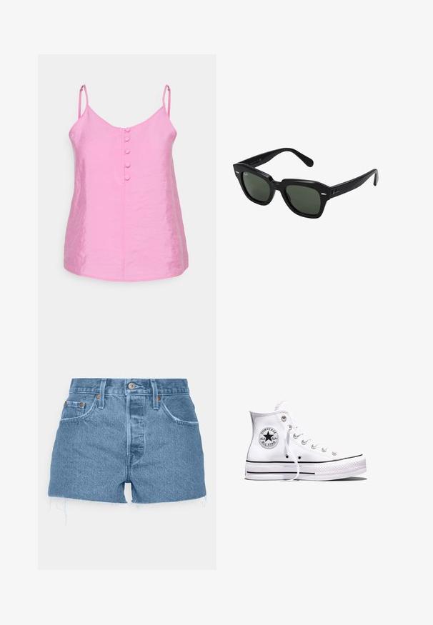 Vero Moda Petite VMQUEENY SINGLET V NECK - Μπλούζα - cyclamen; Levi's® 501® ORIGINAL SHORT - Τζιν σορτς - ojai light stone; Λευκό ψηλό αθλητικό παπούτσι Converse Chuck Taylor All Star με μαύρες ρίγες και λογότυπο στο πλάι, τοποθετημένο σε απλό λευκό φόντο.; Μαύρα τετράγωνα γυαλιά ηλίου με σκούρους πράσινους φακούς, με τολμηρούς σκελετούς και ασημένιες λεπτομέρειες στις άκρες. Κατασκευασμένα στην Ιταλία.