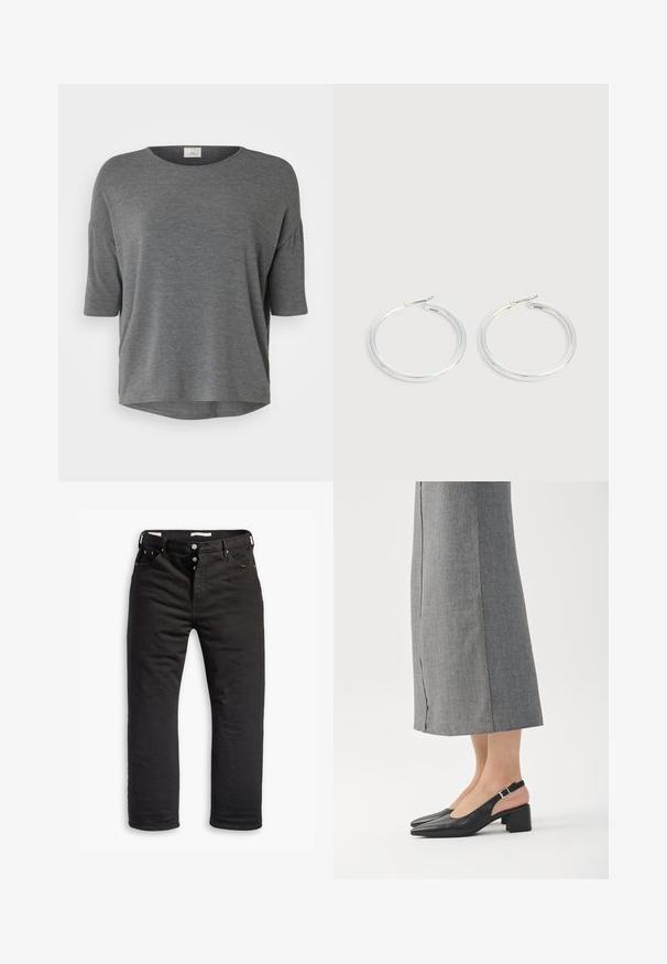 Graues Kurzarmoberteil aus weichem Material mit lockerer Passform, rundem Ausschnitt und abgerundetem Saum. Keine auffälligen Muster oder Akzente.; Schwarze Denim-Jeans mit geradem Bein, ausgestattet mit einem Knopfverschluss, fünf Taschen und dezentem Stickdetail. Angenehme Textur.; Schwarze Slingback-Schuhe aus Leder mit spitzer Spitze, Blockabsatz und kontrastierendem rosa Absatzakzent. Glatte Textur mit minimalistischem Design.; Paar glänzende silberne Creolen mit dünnen Drahtverschlüssen, dargestellt vor einem hellgrauen Hintergrund.