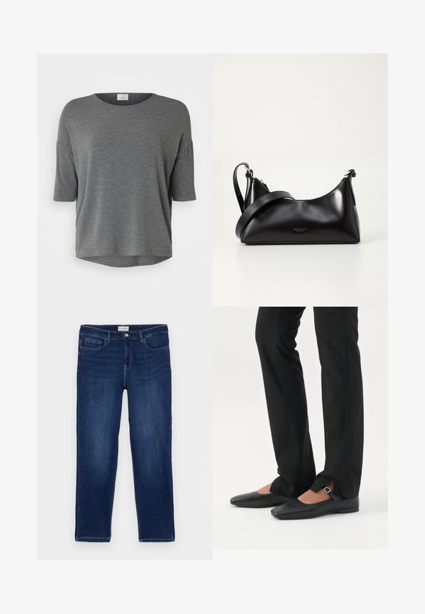 Graues Kurzarmoberteil aus weichem Material mit lockerer Passform, rundem Ausschnitt und abgerundetem Saum. Keine auffälligen Muster oder Akzente.; Dunkelblaue Denim-Jeans im geraden Schnitt, mit Fünf-Taschen-Design, sichtbaren Nähten und einem Metallknopfverschluss am Bund.; Beine in schwarzen schmalen Hosen mit vorderen Schlitzen am Saum, kombiniert mit schwarzen flachen Mary-Jane-Schuhen mit kleinem Schnallenriemen.; Schwarze lederne Handtasche mit glatter Textur. Verfügt über einen verstellbaren Riemen und ein elegantes, minimalistisches Design mit einem Reißverschluss.