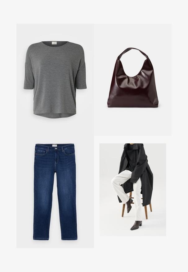 Graues Kurzarmoberteil aus weichem Material mit lockerer Passform, rundem Ausschnitt und abgerundetem Saum. Keine auffälligen Muster oder Akzente.; Dunkelblaue Denim-Jeans im geraden Schnitt, mit Fünf-Taschen-Design, sichtbaren Nähten und einem Metallknopfverschluss am Bund.; Schwarzer, oversized Trenchcoat über einem schwarzen Top, kombiniert mit weißen Hosen und braunen, spitzen Ankle Boots, auf einem Holzschemel sitzend.; Burgunderfarbene, glänzende tote Bag aus veganem Leder mit einer weichen, skulpturalen Form und einem breiten, geschwungenen Henkel für einfaches Tragen.