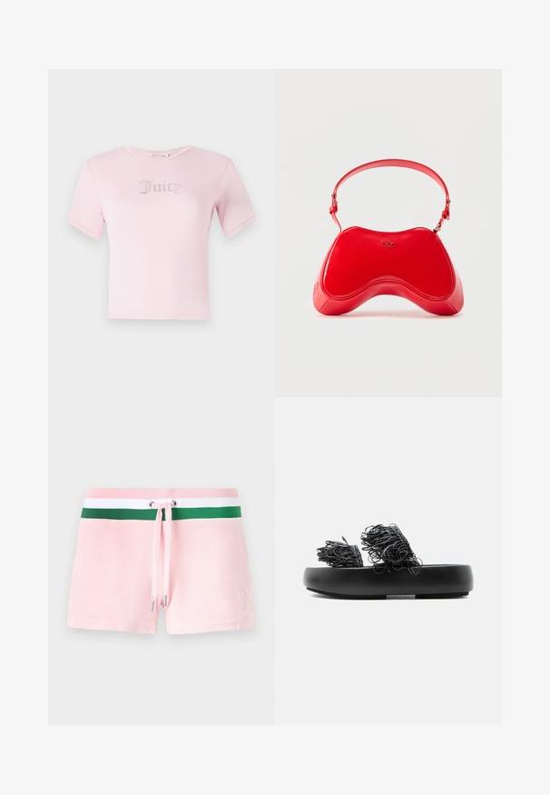 Roze katoenen t-shirt met korte mouwen, met het woord "Juicy" in rhinestones op de borst. Klassieke ronde halslijn en fitted ontwerp.; Roze katoenen shorts met een groen-witte gestreepte tailleband, voorzien van een trekkoord en zilveren metalen uiteinden. Subtiele logo borduursel aan de zijkant.; Zwarte slipper met dikke zool en twee bovenste bandjes met ingewikkelde lusvormige franjes.; Rode tas van lakleer met een gebogen, ergonomische vorm, voorzien van een dunne verstelbare band en een subtiel logo-accent aan de voorkant.