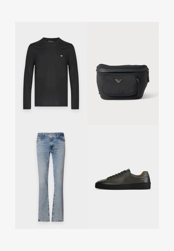 Schwarzes Langarm-T-Shirt aus Baumwolle. Mit Rundhalsausschnitt und kleinem goldfarbenem Logo auf der linken Brust. Glatte Textur, figurbetontes Design.; Hellblaue, ausgestellte Jeans aus Denim mit mittelhohem Bund, fünf Taschen und einem verblassten Finish, ausgestattet mit einem Reißverschluss und einem Metallknopfverschluss.; Niedriger dunkelgrauer Ledersneaker mit schwarzen Schnürsenkeln und Sohle, minimalistisches Design, Seitenprofil vor einem schlichten hellen Hintergrund.; Schwarze Bauchtasche mit Frontreißverschlusstasche und silbernem Adlerlogo, glattes Gewebe mit strukturiertem Besatz und Reißverschlussanhängern.