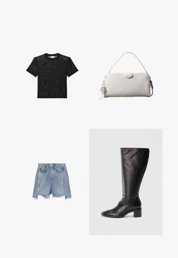 Sort kortærmet mesh-T-shirt med rund hals og præget "cK" logo, centreret foran.; Lyseblå denimshorts med frynsete kanter og sølvnitter i lodrette striber langs forlommer og sider.; Sorte læderknæhøje støvler med firkantet tå, blokhæle og et stilrent design. Glat tekstur med en sideskift for nem påtagning.; Hvid rektangulær Calvin Klein håndtaske med enkelt håndtag, minimalistisk design og dekorative kvaster med geometrisk metalvedhæng på siden.