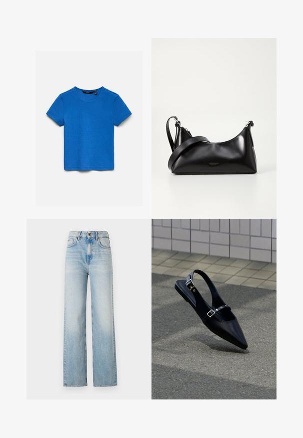 Camiseta azul de algodón acanalada de manga corta con cuello redondo y etiqueta visible de la marca en el interior del cuello, colocada plana sobre fondo blanco.; Jeans de pierna ancha de color azul claro, elaborados en denim, con una cintura alta, ligero desvanecimiento y un diseño tradicional de cinco bolsillos con costuras en contraste.; Zapato plano negro de punta puntiaguda con tiras de doble hebilla y talón descubierto, descansando sobre asfalto gris cerca de una pared con azulejos.; Bolso de mano de cuero negro con una textura suave. Cuenta con una correa ajustable y un diseño elegante y minimalista con cierre de cremallera.