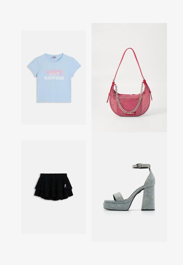 Crop top court à manches courtes de couleur bleu clair avec "COUTURE" en texte graffiti rose sur le slogan blanc "SHIT HAPPENS".; Mini-jupe noire à volants avec taille élastique et petit logo blanc sur le côté droit, présentée sur un fond clair uni.; Sandales plateforme en denim avec un épais talon bloc, bout ouvert et bride de cheville avec boucle en métal. Bleu clair avec une texture subtile.; Sac à main perforé rouge en forme arrondie, avec une accent en chaîne argentée et une bandoulière assortie. Logo affiché à l'avant.