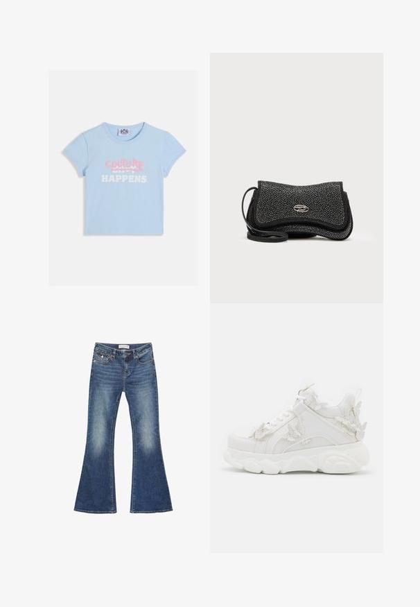 Crop top court à manches courtes de couleur bleu clair avec "COUTURE" en texte graffiti rose sur le slogan blanc "SHIT HAPPENS".; Jeans en denim évasés de couleur bleu moyen avec des détails décolorés. Ils présentent un design classique à cinq poches et des coutures contrastées avec une fermeture à bouton.; Baskets blanches épaisses avec une semelle épaisse et des accents décoratifs de papillons en 3D sur le côté, les lacets et le talon.; Sac à bandoulière noir en matière texturée, présentant un design froissé, des détails en métal argenté et une bandoulière ajustable.