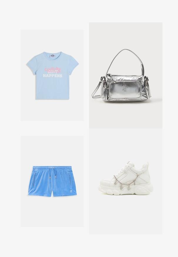 Svetlomodrý krátky crop top s krátkymi rukávmi, na ktorom je v ružovom graffitovom štýle nápis "COUTURE" nad bielym sloganom "SHIT HAPPENS".; Svetlomodré velúrové šortky s elastickým pásom, šnúrkou a dvoma bočnými zipsovými vreckami. Na stehne sa nachádza malé vyšívané logo.; Biele tenisky s robustnou podrážkou, textúrovaným koženým zvrškom a ozdobným kovovým retiazkou s príveskami. Obsahujú šnurovanie a polstrovaný golier.; Metalická strieborná kabelka s obdĺžnikovým tvarom, vrchným zipsom a prednou kapsou. Obsahuje krátku rúčku a nastaviteľný popruh. Textúrovaný povrch.