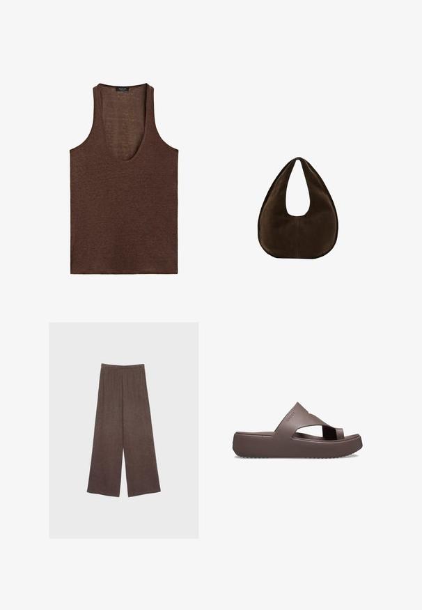 Débardeur marron sans manches avec un profond col en U, fabriqué en tissu léger, étiquette Massimo Dutti à l'intérieur du col.; Pantalon large marron avec taille élastique, fabriqué en tissu doux et texturé, présenté à plat sur un fond neutre.; Sandales à plateforme marron en matériau en caoutchouc, présentant un design à sangles croisées, un bout ouvert et une semelle texturée pour une meilleure adhérence. Logo sur le côté.; Sac à main en daim marron foncé en forme de croissant avec une seule sangle large et une texture lisse sur fond blanc.