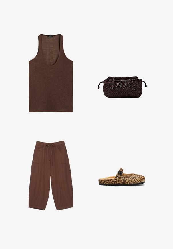 Mouwloze bruine tanktop met diepe ronde hals, gemaakt van lichtgewicht stof, met een label van Massimo Dutti aan de binnenkant van de kraag.; Bruine wijde cropped broek met elastische tailleband, voorzijde met trekkoord en grote opgestikte zakken aan beide zijden.; Slingback pantoffel met luipaardprint, een zachte binnenkant, een ronde neus en een decoratieve zwarte gesp. Zwarte rubberen zool met textuur.; Donkerbruine gevlochten clutch met gevlochten structuur en koordsluiting aan beide zijden tegen een witte achtergrond.