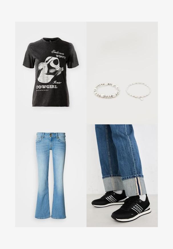 T-shirt en coton noir à manches courtes, avec un graphique d'un chapeau de cowboy et du texte en blanc. Encolure à bords bruts et texture usée.; Jean en denim clair à coupe évasée avec taille haute, doté d'une fermeture classique à boutons, de cinq poches et d'un effet délavé pour un dégradé.; Baskets noires avec des rayures blanches, assorties à un jean en denim bleu avec un revers replié et une doublure intérieure contrastante. Semelle souple, design minimaliste.; Deux bracelets de perles argentées sur fond blanc ; l'un avec des perles irrégulières et l'autre avec des perles uniformes et un petit charme en forme de goutte.
