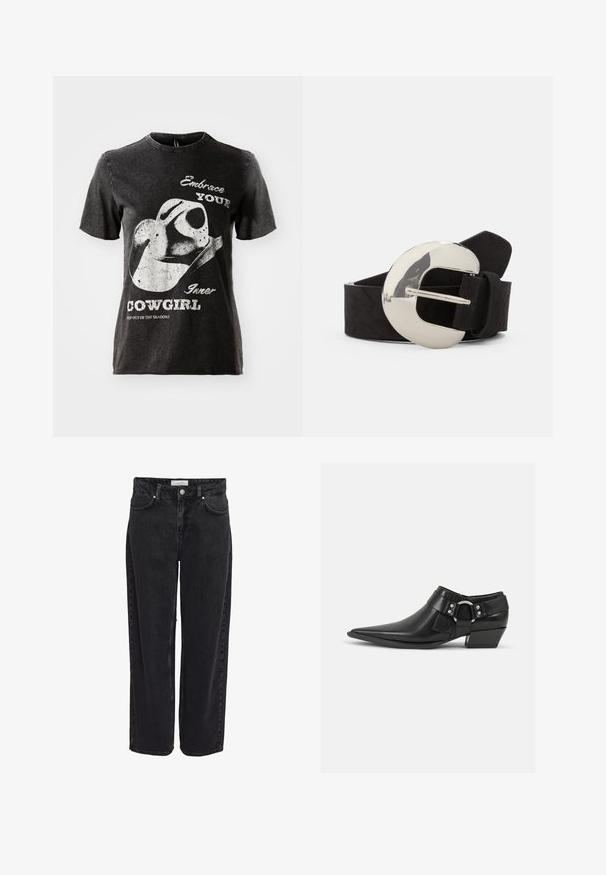 Zwarte katoenen T-shirt met korte mouwen, voorzien van een grafisch ontwerp van een cowboyhoed en witte tekst. Ongelijke rand bij de halslijn en een verouderde textuur.; Zwarte denim wijde pijpen jeans met een hoge taille, vijfzakkenontwerp en ritssluiting. Soepele textuur met minimale zichtbare stiksel details.; Zwarte leren enkellaarzen met een spitse neus, voorzien van een leren band aan de voorkant en een zilveren gesp detail, en een lage, blokhak.; Zwarte suède riem met een grote, gepolijste zilveren ovale gesp en een gestructureerde afwerking. heeft een klassiek ontwerp met een standaard sluiting.