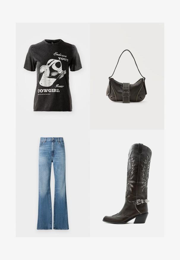 Camiseta de algodón negra con mangas cortas, que presenta un gráfico de un sombrero de vaquero y texto en blanco. Cuello con borde deshilachado y textura envejecida.; Replay BECKA PANTS - Vaqueros boyfriend - medium blue; Bota cowboy de cuero negro con recortes decorativos, hebilla plateada y tacón inclinado, presentada sobre fondo blanco.; Bolso de hombro de cuero negro con detalle de correa con hebilla, bordes curvos y costuras blancas en contraste sobre un fondo liso.