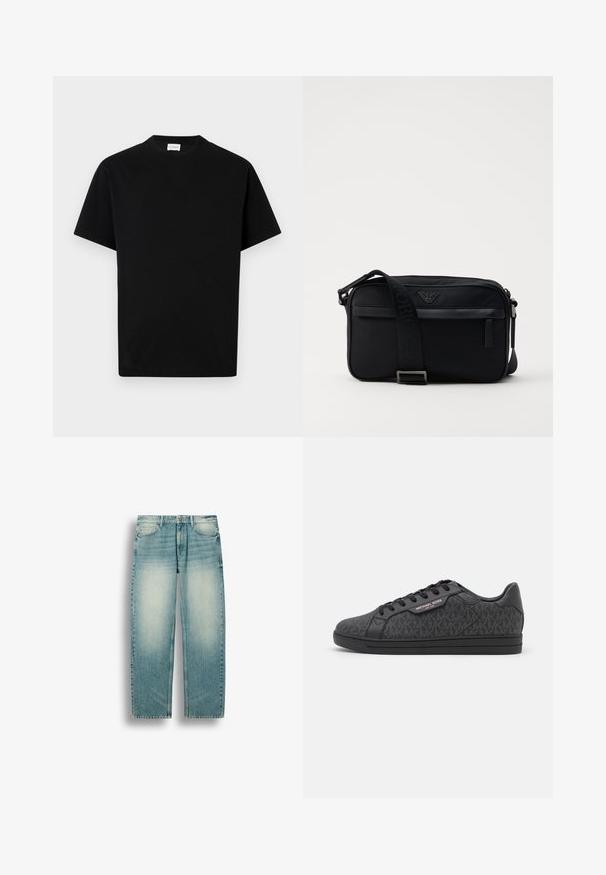 T-shirt en coton noir avec un col rond, des manches courtes et une coupe droite. Pas de motifs visibles ni de détails matériels.; Jean droit en denim bleu clair avec des zones délavées sur les cuisses, poches avant, passants de ceinture et fermeture par bouton à la taille.; Baskets noires dotées d'un dessus en tissu texturé avec un motif MK subtil, des accents en cuir noir et une semelle en caoutchouc noire.; Sac à bandoulière en nylon noir avec une sangle contrastante, une forme rectangulaire élégante, un détail de logo et une poche zippée à l'avant.