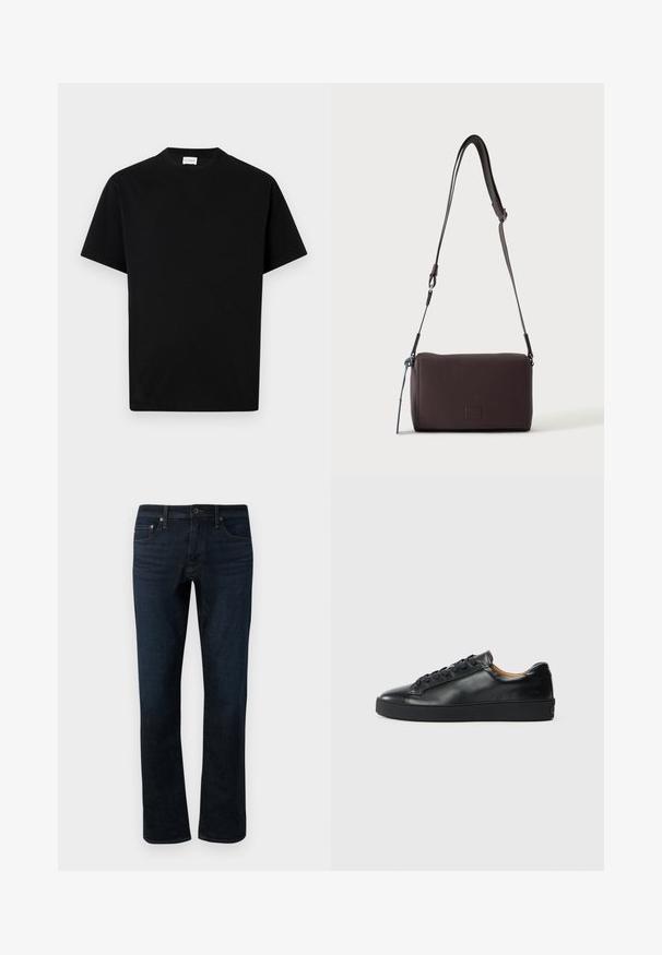 Schwarzes Baumwoll-T-Shirt mit rundem Ausschnitt, kurzen Ärmeln und geradem Schnitt. Keine sichtbaren Muster oder Hardwaredetails.; Dunkelblaue Denim-Jeans mit geradem Bein, ausgestattet mit einem klassischen Fünf-Taschen-Design und subtilen Steppdetails.; Schwarze Leder-Sneaker mit glatter Textur, runder Zehenpartie und Schnürverschluss. Verfügt über eine dicke Gummisohle und minimalistische Marken-Details.; Dunkelbraune, strukturierte Leder-Crossbody-Tasche mit verstellbarem Riemen und kleinem dekorativen blauen Akzent an der Seite.