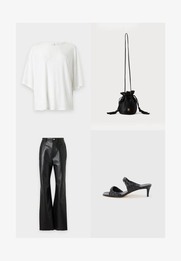 Blusa blanca oversize de manga corta con escote redondo, ajuste holgado y tela suave y ligera, mostrada sobre un fondo claro.; Pantalones de cuero negro acampanados con un acabado elegante, bolsillos frontales y costuras en contraste. Presenta un cierre de botón y una cinturilla estructurada.; Sandalias negras con tacón y puntera cuadrada, hechas de cuero liso. Presentan tiras fruncidas y un tacón delgado para mayor elevación.; Bolso tipo bucket negro con cordón, con una correa larga y delgada y un pequeño logo cuadrado dorado en la parte delantera, mostrado sobre un fondo liso.