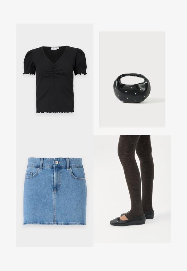Must findis, lühikeste varrukatega, must ribakujuline pluus V-kaelusega, rynnite detaleeritud kaelus, ning voltidega ääristatud varrukad ja allääres.; Heledan denim mini seelik helesinis. Omab kitsast disaini, viit taskut, nööbiga kinnitust ning sirget äärt, millel on kerge kulumine.; Jalad seljas tumedad soonelises soonelises kombines mustade baleriinadega, millel on väikesed paelade detailid valgel taustal.; Mustast nahast ümmarguse kujuga käekott, kaunistatud hõbedaste naeladega, lühikese sangaga. Sile tekstuur ja tõmblukuga sulgemine.
