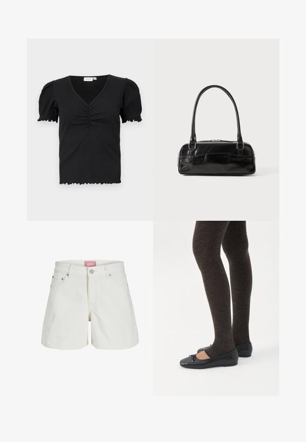 Top negro de manga corta con canalé y escote en V, con detalles fruncidos en el pecho y bordes con volantes en las mangas y el dobladillo.; Shorts de mezclilla blancos con cintura de tiro medio, cinco bolsillos y una etiqueta de logo rosa en la cinturilla. Presentan un cierre clásico de botón y cremallera.; Piernas con leggings oscuros acanalados combinados con bailarinas negras que presentan pequeños detalles de lazo sobre un fondo blanco.; Bolso de mano de cuero negro con forma rectangular, equipado con un asa estructurada, herrajes en plata y cierre de cremallera. Textura suave.