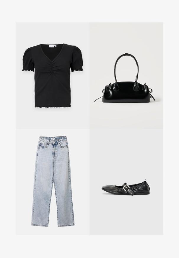 Top negro de manga corta con canalé y escote en V, con detalles fruncidos en el pecho y bordes con volantes en las mangas y el dobladillo.; Vaqueros de pierna recta de color azul claro, confeccionados en denim, con dos bolsillos frontales, cierre de botón y costuras en contraste a lo largo de las costuras.; Zapato plano de piel negra con puntera afilada, detalle fruncido alrededor de la abertura y un acento de hebilla plateada en la correa ajustable.; Pequeño bolso negro brillante con dos asas largas y detalles de cordón lateral sobre un fondo claro liso.