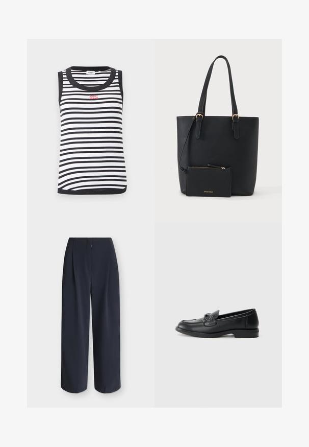 Débardeur sans manches à rayures horizontales noires et blanches, avec bordures noires et logo rouge "JOOP! JEANS" sur la poitrine.; Pantalon bleu marine à jambes larges avec taille haute et coupe droite, présenté à plat sur un fond neutre.; Mocassins en cuir noir avec un bout arrondi, un design cousu et un accent en nœud sur la tige. Talon bas et texture lisse.; Sac fourre-tout en cuir noir avec deux poignées et une petite pochette zippée assortie attachée, marqué Anna Field en lettres dorées.