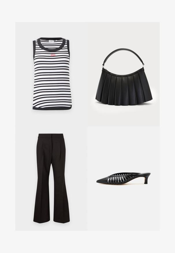 Débardeur sans manches à rayures horizontales noires et blanches, avec bordures noires et logo rouge "JOOP! JEANS" sur la poitrine.; Pantalons évasés noirs au tissu lisse, dotés d'une taille haute, de poches latérales et de pinces à l'avant pour un détail de design supplémentaire.; Mule en cuir noir avec bout pointu, design découpé à brides et petit talon kitten sur fond blanc.; Sac noir plissé en simili cuir, avec une anse incurvée et une fermeture éclair sur le dessus. Texture lisse avec un design structuré.