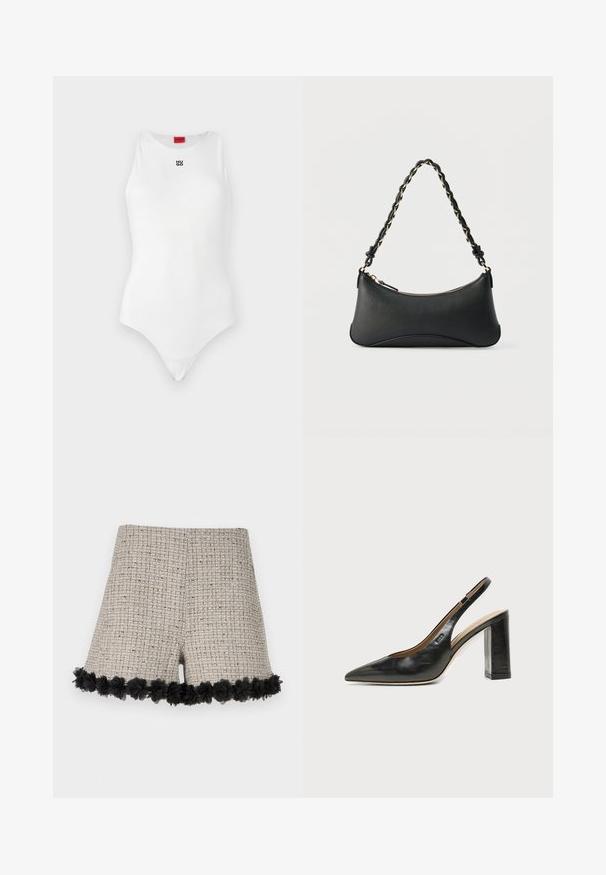 Hvid bodystocking med ærmeløst design, rund halsudskæring og minimal sort "HUGO" logo på forsiden. Glat tekstur og tætsiddende form.; Beige tweedshorts med et tekstureret mønster, der har en sort blomsterdetalje ved kanten. Designet har en generelt skræddersyet form.; Sort læder peep-toe slingback sko med høj blokhæl og beige indvendig foring mod en ensfarvet lys baggrund.; Sort skuldertaske i læder med en buet rektangulær form, gyldent kæde vævet ind i en flettet sort rem og toplynlås.