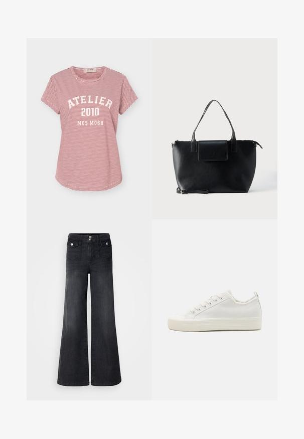 Rød og hvid tyndstribet T-shirt med korte ærmer med teksten "ATELIER 2010 MOS MOSH" trykt i hvid på forsiden.; Sorte denim brede ben jeans med høj talje, forknapper og to forlommer; glat tekstur med en let falmet finish.; Hvide kanvas sneakers med en struktureret overdel, rundt tåhætte, flad sål og snørelukning. Har en let flossede krave og en løkke.; Sort lædertaske med to håndtag, en aftagelig rem, magnetisk flaplukning og en glat overflade. Lynlåslukning øverst og dekorative syninger.