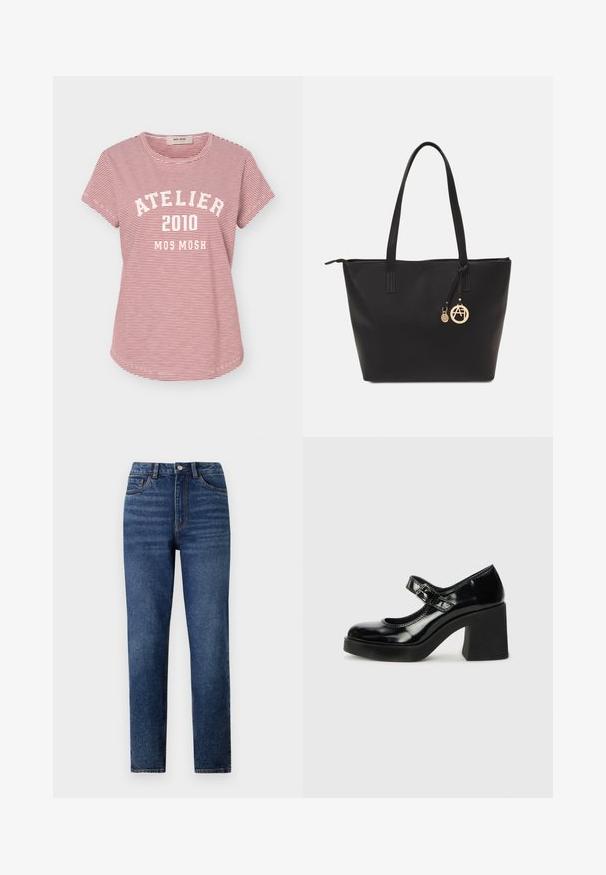 Rood-wit dun gestreept T-shirt met korte mouwen met de tekst "ATELIER 2010 MOS MOSH" in het wit gedrukt op de voorkant.; Hoge taille blauwe denim jeans met rechte pijpen, voorzien van subtiele wassing, sluiting met één knoop en een vijf-pocket ontwerp.; Tamaris Plateaupumps - black; Zwarte tote bag gemaakt van glad synthetisch materiaal, met twee lange handvatten, een ritssluiting en een gouden bedeltje met een rond logo.