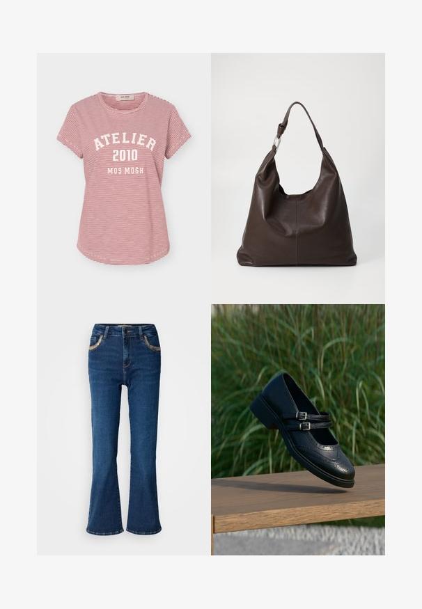 Rot-weiß dünn gestreiftes Kurzarm-T-Shirt mit dem Aufdruck "ATELIER 2010 MOS MOSH" in Weiß auf der Vorderseite.; Dunkelblaue ausgestellte Jeans mit einer glatten Denim-Oberfläche, kontrastierender goldener Naht und Akzenten an den Fronttaschen. Klassisches Fünf-Taschen-Design.; Schwarzer Mary Jane Lederschuh mit doppelten Schnallenriemen und Brogue-Details, schwebend über einer Holzbank mit grünem Gras im Hintergrund.; Zign by Zalando LEATHER - Shopping Bag - chocolate brown
