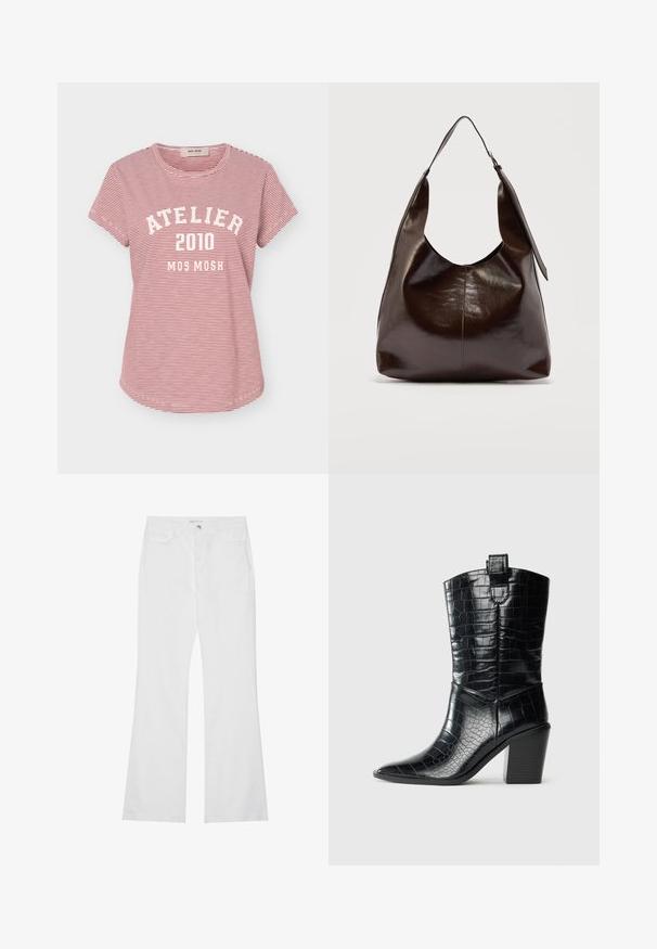 Camiseta de manga corta de rayas finas rojas y blancas con la inscripción "ATELIER 2010 MOS MOSH" impresa en blanco en la parte delantera.; Jeans de campana blancos en denim de algodón, con dos bolsillos frontales, una cremallera y un botón de metal. Textura suave con detalles mínimos.; Botas western negras hasta media pantorrilla con punta afilada, tacón de bloque y textura de cuero brillante con estampado de cocodrilo sobre fondo blanco.; Bolso de hombro de cuero marrón oscuro brillante con una sola correa ancha y detalle de hebilla en un lado, colocado sobre un fondo claro y sencillo.