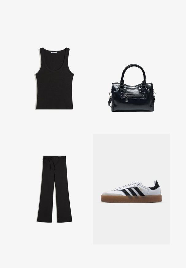 Débardeur noir côtelé sans manches avec une encolure dégagée, posé à plat sur un fond blanc.; Pantalon large noir à texture côtelée avec un détail à lacets à la taille, présenté sur un fond blanc.; Baskets en cuir blanc avec des rayures noires, semelle extérieure en caoutchouc beige, bout rond, fermeture lacée et embout en suède gris doux.; Sac à main en cuir noir brillant avec deux poignées, poche avant zippée et bandoulière amovible sur fond blanc.