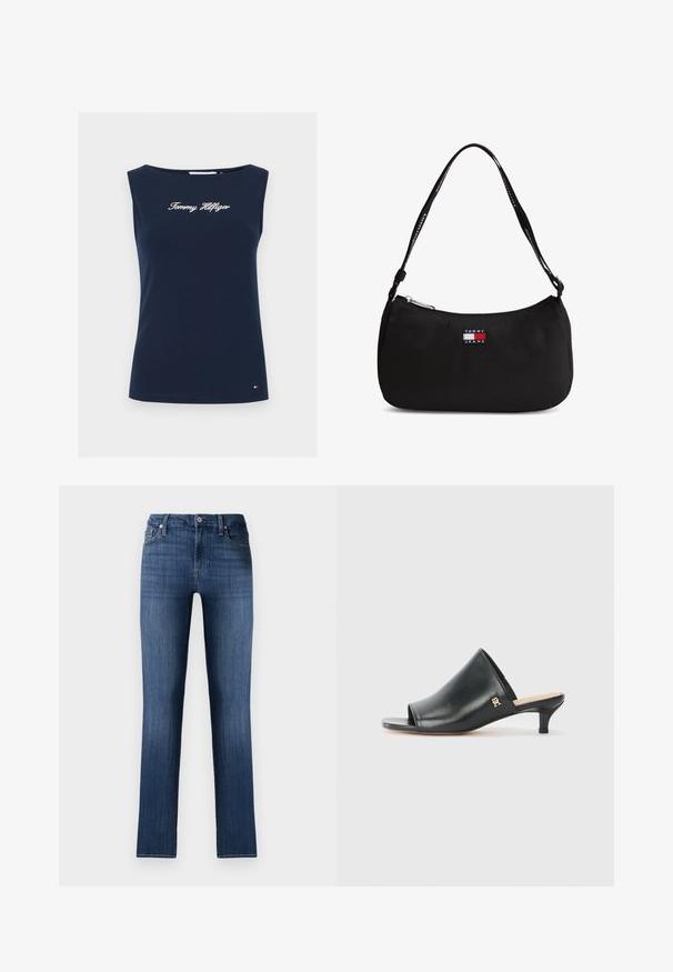 Marineblauw mouwloos topje met de tekst "Tommy Hilfiger" op de borst en een klein logolabel vlakbij de zoom op een effen achtergrond.; Donkerblauwe denim jeans met een rechte pasvorm, een klassieke vijf-pocket ontwerp, sluiting met een knoop aan de voorkant en subtiele vervaging voor een versleten effect.; Zwarte leren open teen muiltjes met een lage hak. Heeft een glad oppervlak en een gouden logo accent aan de zijkant.; Kleine zwarte schoudertas met een gebogen bovenrits en "Tommy Jeans" logo patch aan de voorkant, met een zwarte band met witte tekst.