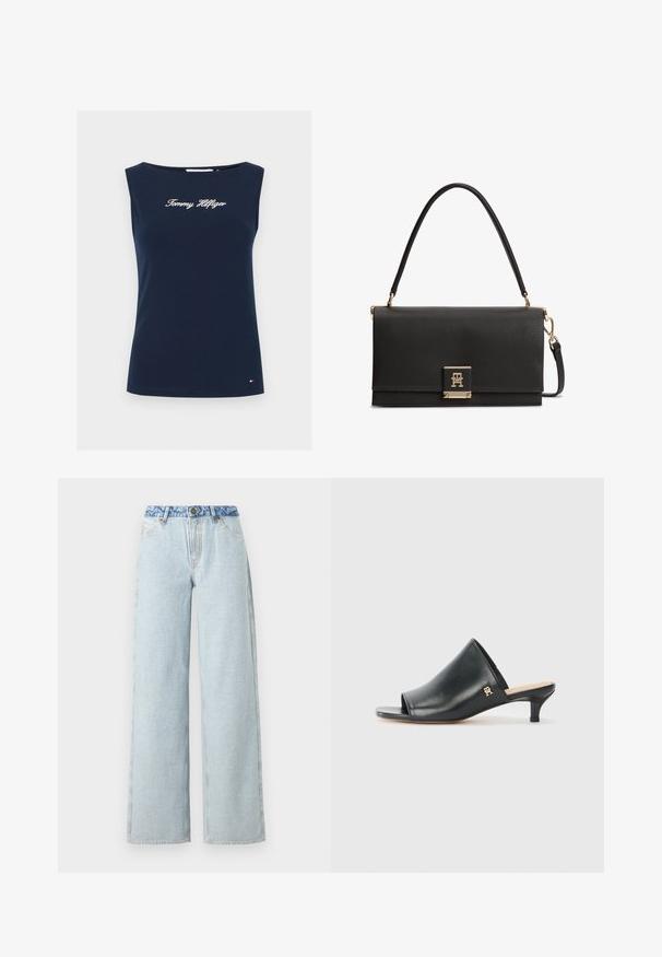 Marineblå ærmeløs top med "Tommy Hilfiger" skrift på brystet og lille logomærke nær kanten på ensfarvet baggrund.; Lysblå vid jeans med en falmet vask, med en kontrasterende blå denimlivrem og en traditionel fem-lomme design.; Sorte læder open-toe mules med en lav hæl. Har en glat overflade og et guld logo-prim på siden.; Sort tekstureret læderhåndtaske med topgreb, guldfarvet lås med indflettet TH-logo og aftagelig skulderrem.