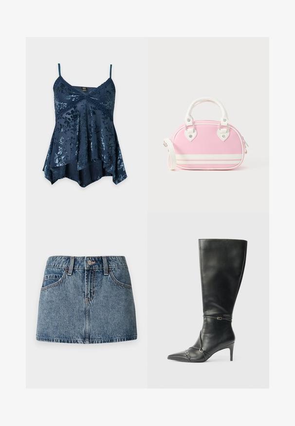 Mørkeblå fløjlsblomstret cami-top med blondekanter, spaghetti-stropper og asymmetrisk kant.; Denim mini nederdel i middelblå vask, med en tætsiddende talje, forlommer og subtile syninger. Glat, struktureret stoffinish.; Sorte knæhøje støvler i læder med en slank hæl, spids tå og remdetaljer ved anklen. Glat tekstur og tætsiddende design.; Lyserød håndtaske med hvide accenter, rund form, top-hanke, aftagelig skulderrem og hjerteformede hardware-detaljer. Lynlås lukning.